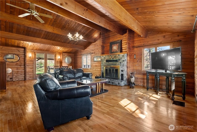 19834 State Route 20, Twisp, WA 98856 - living room with a fireplace, hardwood / wood-style floors, healthy amount of natural light, wooden walls, and ceiling fan