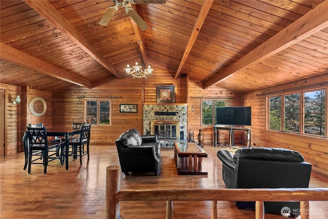 19834 State Route 20, Twisp, WA 98856 - living room featuring wooden walls, a stone fireplace, ceiling fan, wooden ceiling, and wood finished floors