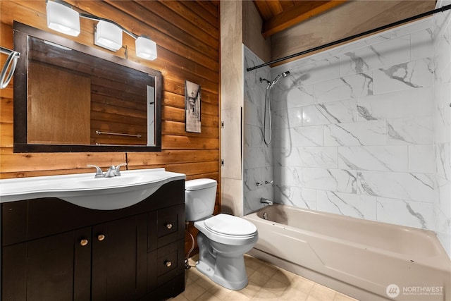 19834 State Route 20, Twisp, WA 98856 - bathroom with vanity, wood walls, and shower / bathtub combination