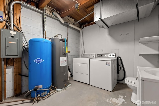 19834 State Route 20, Twisp, WA 98856 - unfinished below grade area featuring electric water heater, washer and clothes dryer, a water pressure tank, and concrete block wall