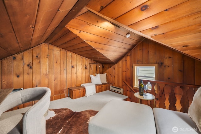 840 NE 100th St Unit A, Seattle, WA 98125 - bedroom featuring lofted ceiling, wood ceiling, wood walls, baseboard heating, and carpet floors