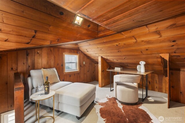 840 NE 100th St Unit A, Seattle, WA 98125 - living area featuring wooden ceiling, wood walls, lofted ceiling, and carpet flooring