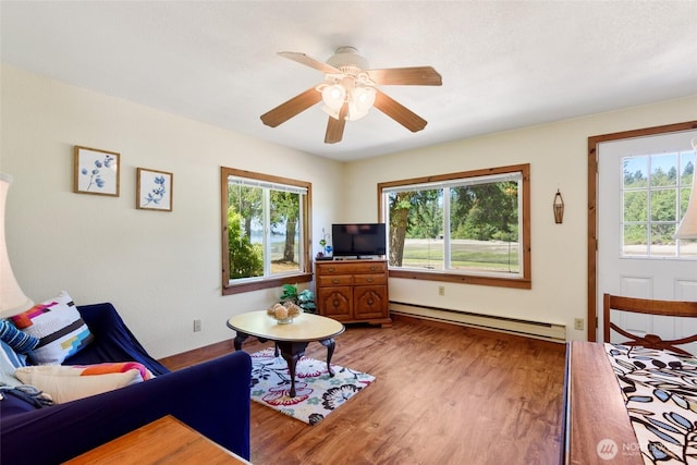 7717 176th Ave SW, Longbranch, WA 98351 - living room featuring a baseboard radiator, plenty of natural light, light wood-style floors, and ceiling fan