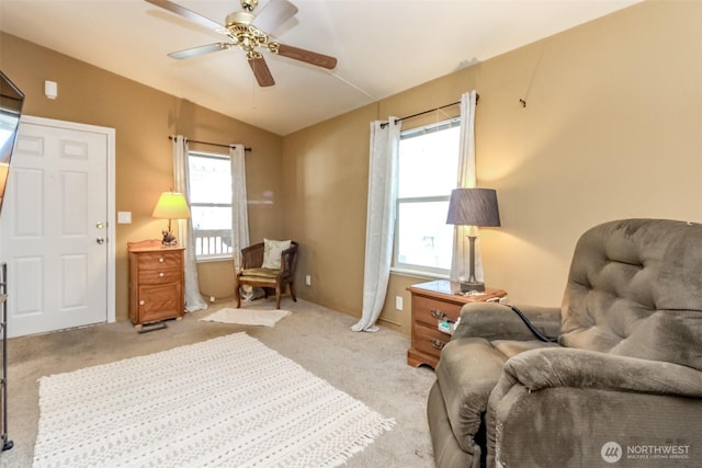 2101 S 324th St Unit 22, Federal Way, WA 98003 - sitting room featuring light carpet, a ceiling fan, and vaulted ceiling