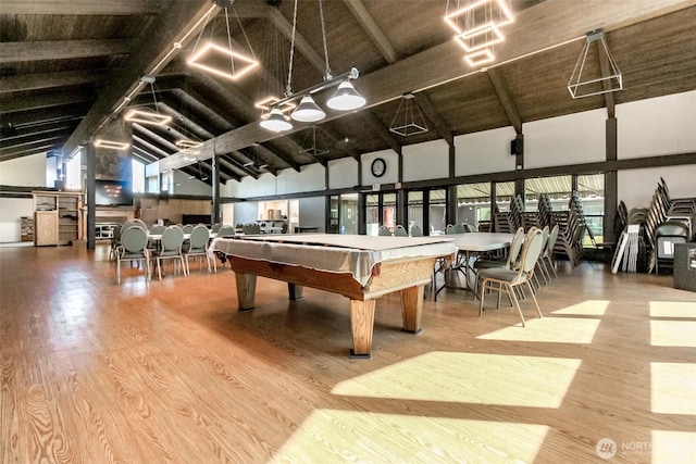 2101 S 324th St Unit 22, Federal Way, WA 98003 - recreation room featuring high vaulted ceiling, wood finished floors, billiards, and beam ceiling