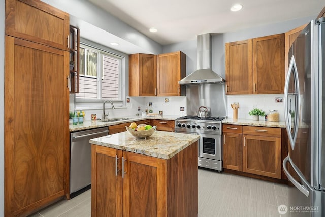 10113 SE 220th Pl, Kent, WA 98031 - kitchen with stainless steel appliances, wall chimney range hood, decorative backsplash, brown cabinetry, and recessed lighting