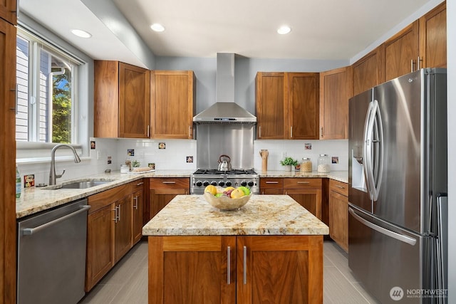 10113 SE 220th Pl, Kent, WA 98031 - kitchen with stainless steel appliances, wall chimney exhaust hood, a center island, light stone counters, and backsplash