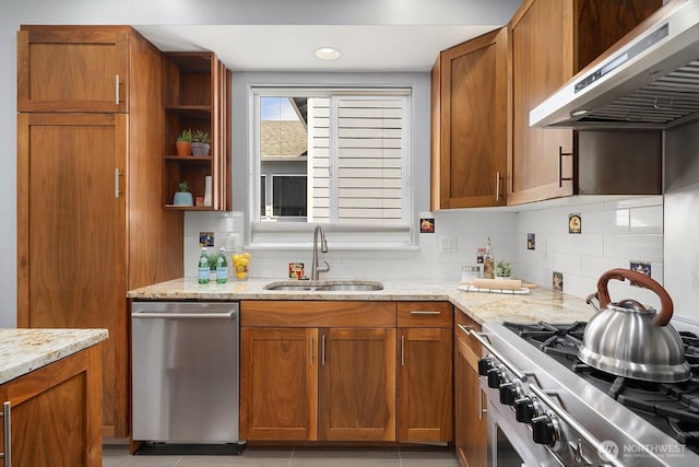 10113 SE 220th Pl, Kent, WA 98031 - kitchen featuring range hood, stove, stainless steel dishwasher, light stone counters, and decorative backsplash