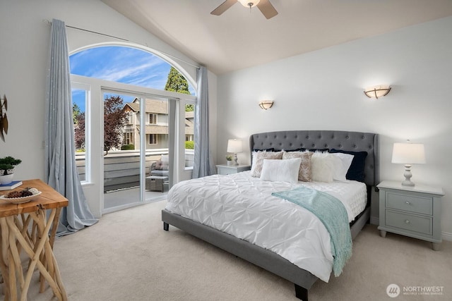 10113 SE 220th Pl, Kent, WA 98031 - bedroom featuring light carpet, lofted ceiling, access to outside, and ceiling fan