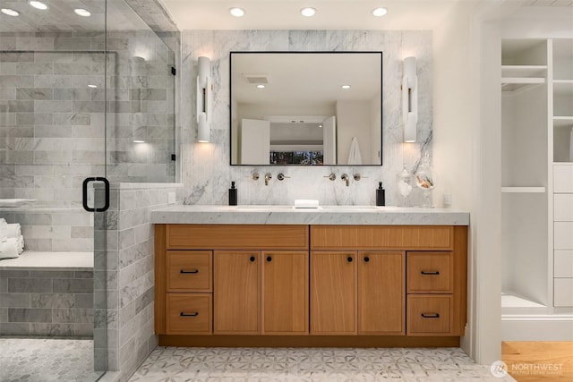 2610 86th Ave NE, Clyde Hill, WA 98004 - bathroom with vanity, a shower stall, recessed lighting, and tasteful backsplash