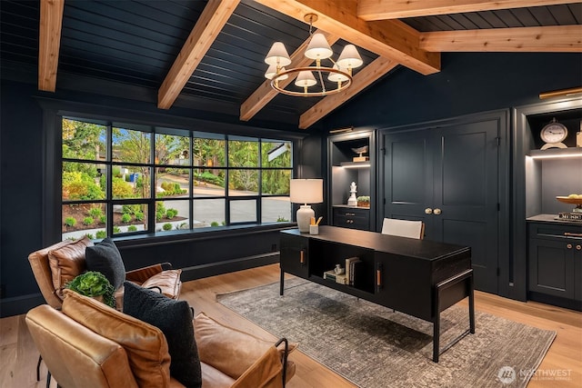 2610 86th Ave NE, Clyde Hill, WA 98004 - office area with plenty of natural light, a chandelier, light wood-type flooring, and wood ceiling
