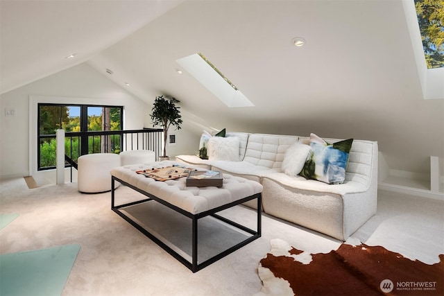 2610 86th Ave NE, Clyde Hill, WA 98004 - living area featuring a skylight, lofted ceiling, light colored carpet, and recessed lighting