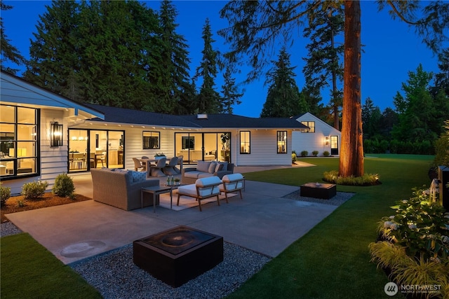 2610 86th Ave NE, Clyde Hill, WA 98004 - back of house with an outdoor living space with a fire pit, a patio area, and a yard