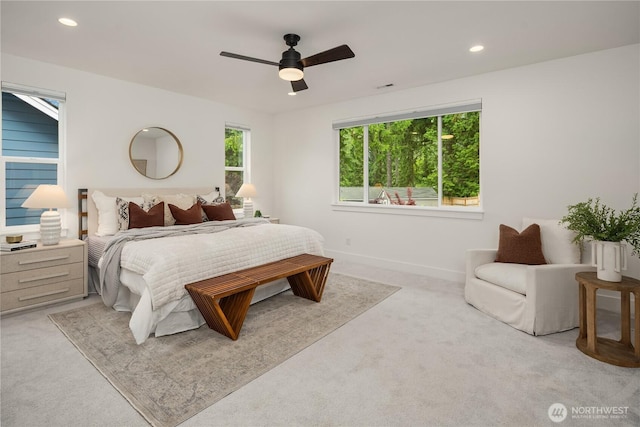 3052 SE 13th Pl, North Bend, WA 98045 - bedroom featuring light colored carpet, recessed lighting, and ceiling fan