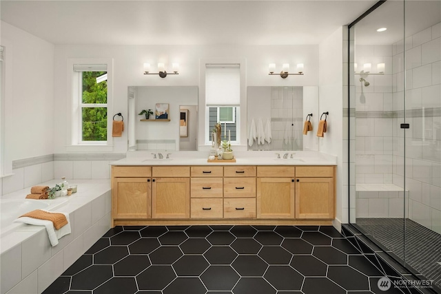 3052 SE 13th Pl, North Bend, WA 98045 - bathroom featuring tile patterned floors, a stall shower, a garden tub, double vanity, and recessed lighting