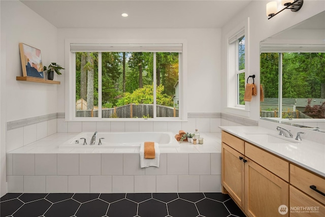 3052 SE 13th Pl, North Bend, WA 98045 - full bathroom with plenty of natural light, vanity, a bath, tile patterned floors, and recessed lighting