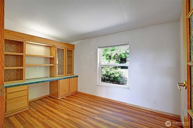 832 Margie Ann Dr, Camano Island, WA 98282 - unfurnished office featuring built in study area, light wood-style flooring, a textured ceiling, and vaulted ceiling