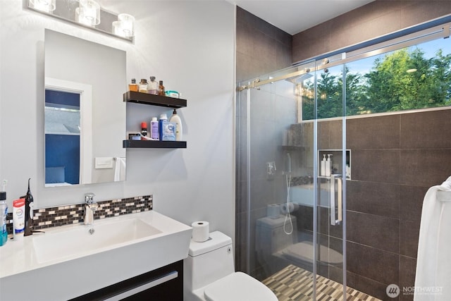 3108 92nd Ave NE, Clyde Hill, WA 98004 - bathroom featuring vanity, a shower stall, and backsplash