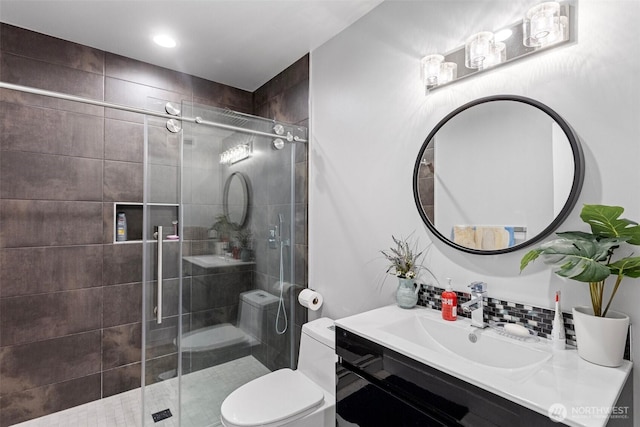 3108 92nd Ave NE, Clyde Hill, WA 98004 - full bath with vanity, a shower stall, and decorative backsplash