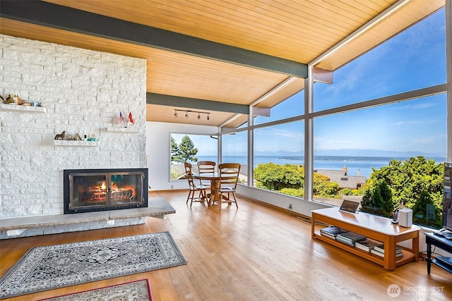 16906 13th Ave NW, Shoreline, WA 98177 - living area featuring a fireplace, wood finished floors, and wooden ceiling
