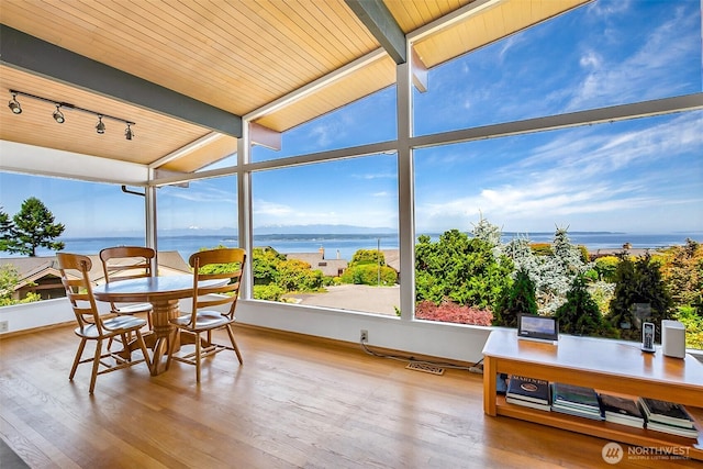 16906 13th Ave NW, Shoreline, WA 98177 - sunroom featuring a water view, wood finished floors, and wooden ceiling