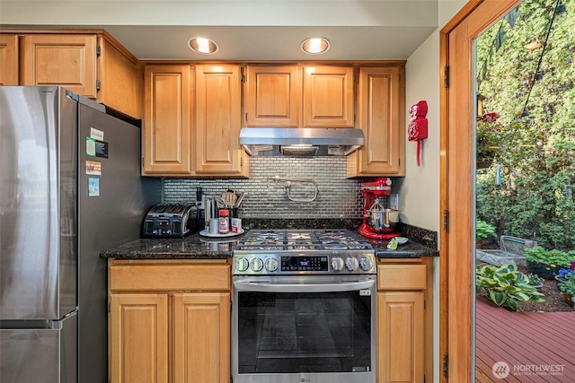 7139 Wright Ave SW, Seattle, WA 98136 - kitchen with appliances with stainless steel finishes, under cabinet range hood, decorative backsplash, and dark stone counters