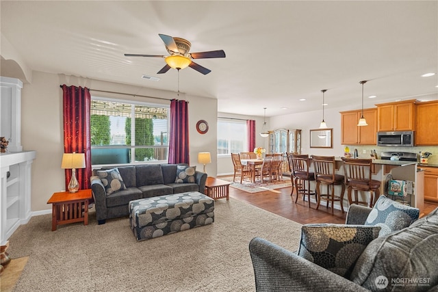 5539 Charlotte Ave SE, Auburn, WA 98092 - living room featuring ceiling fan and recessed lighting
