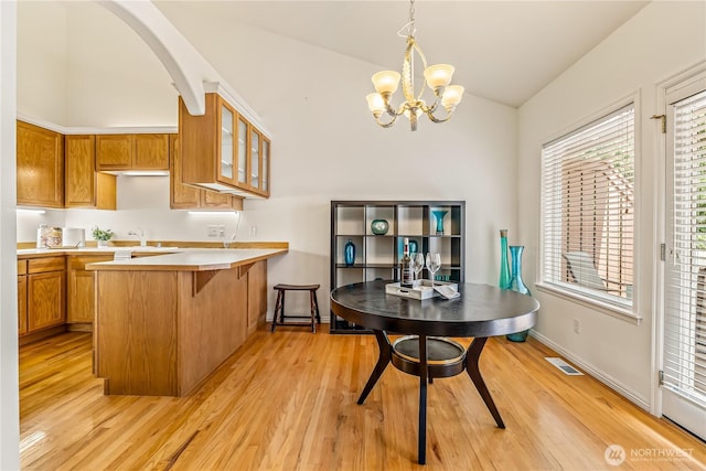 8221 53rd Ave W Unit 15C, Mukilteo, WA 98275 - kitchen featuring vaulted ceiling, brown cabinets, a chandelier, glass insert cabinets, and light wood finished floors