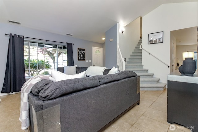 35459 25th Pl S, Federal Way, WA 98003 - living area featuring lofted ceiling, stairway, and light tile patterned floors