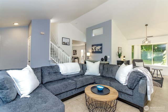 35459 25th Pl S, Federal Way, WA 98003 - living room featuring light tile patterned floors, stairway, and high vaulted ceiling