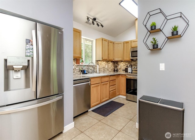 35459 25th Pl S, Federal Way, WA 98003 - kitchen featuring stainless steel appliances, light brown cabinetry, decorative backsplash, light countertops, and light tile patterned floors