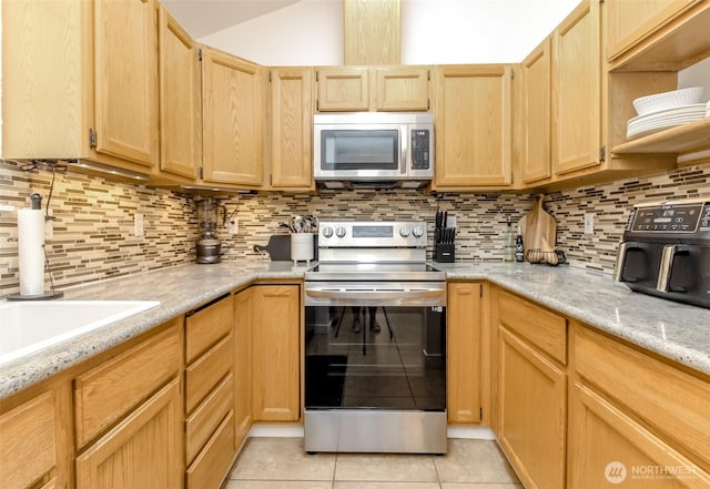 35459 25th Pl S, Federal Way, WA 98003 - kitchen featuring stainless steel appliances, light brown cabinetry, decorative backsplash, and light tile patterned floors