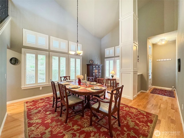 453 Louella Heights Dr, Sequim, WA 98382 - dining space featuring high vaulted ceiling, light wood finished floors, and a chandelier