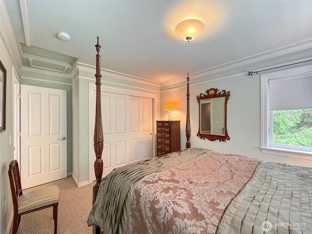 453 Louella Heights Dr, Sequim, WA 98382 - bedroom featuring attic access, carpet floors, a closet, and crown molding