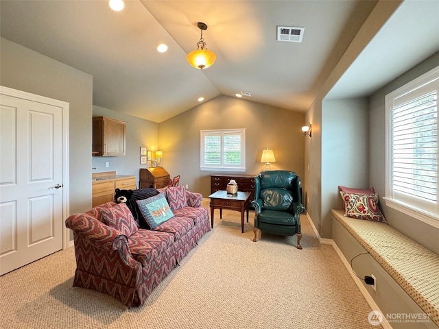 453 Louella Heights Dr, Sequim, WA 98382 - living room with vaulted ceiling, light carpet, and recessed lighting