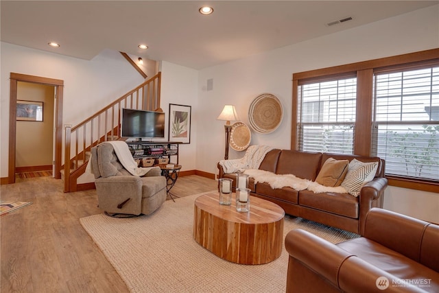 2452 NW Columbia Ave Unit 34, East Wenatchee, WA 98802 - living room with stairs, light wood-type flooring, and recessed lighting