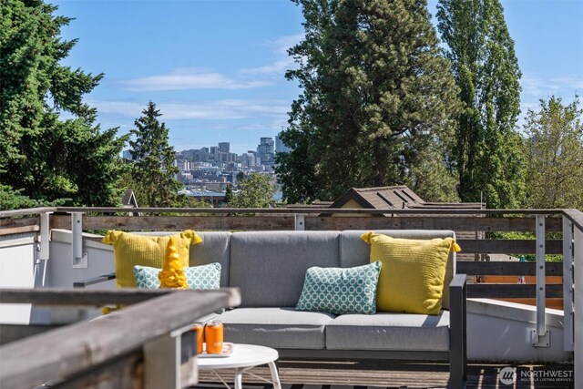 3642A Interlake Ave N, Seattle, WA 98103 - wooden terrace featuring outdoor lounge area and a skyline view