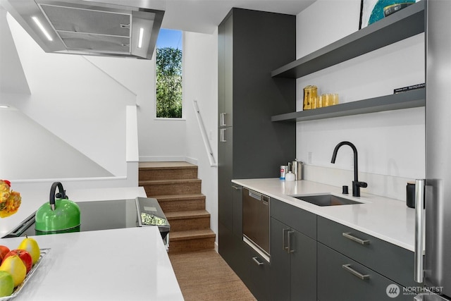 3642A Interlake Ave N, Seattle, WA 98103 - kitchen with dishwasher, light countertops, open shelves, dark wood-type flooring, and modern cabinets