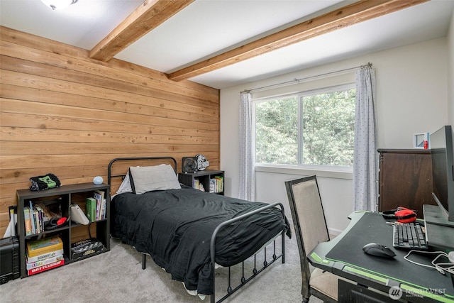 11011 203rd Ave E, Bonney Lake, WA 98391 - bedroom with wood walls, beam ceiling, and carpet flooring