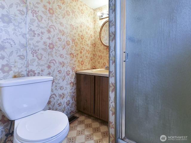 20725 9th Ave E Unit 6, Spanaway, WA 98387 - full bath with wallpapered walls, vanity, tile patterned floors, and a stall shower