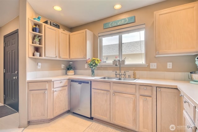 1450 Mountain View Dr, Enumclaw, WA 98022 - kitchen with dishwasher, light brown cabinetry, light countertops, open shelves, and recessed lighting