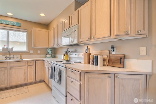 1450 Mountain View Dr, Enumclaw, WA 98022 - kitchen featuring white appliances, light brown cabinetry, light countertops, and recessed lighting
