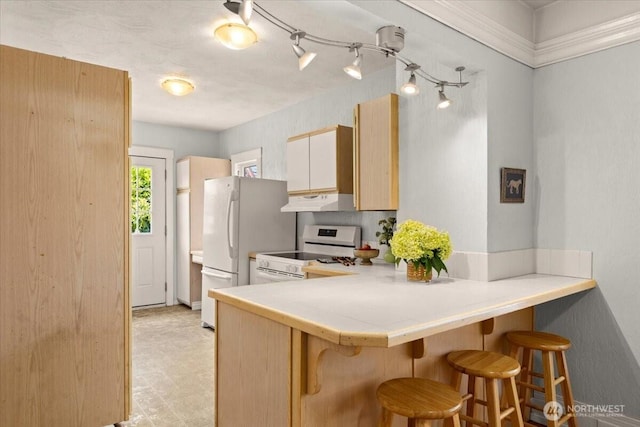 1305 N 6th St, Tacoma, WA 98403 - kitchen featuring white appliances, under cabinet range hood, a breakfast bar, and a peninsula