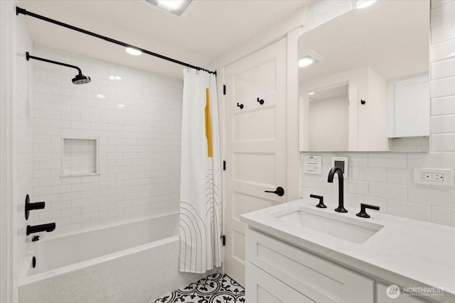 1305 N 6th St, Tacoma, WA 98403 - bathroom with vanity, shower / bath combo, backsplash, and tile patterned floors