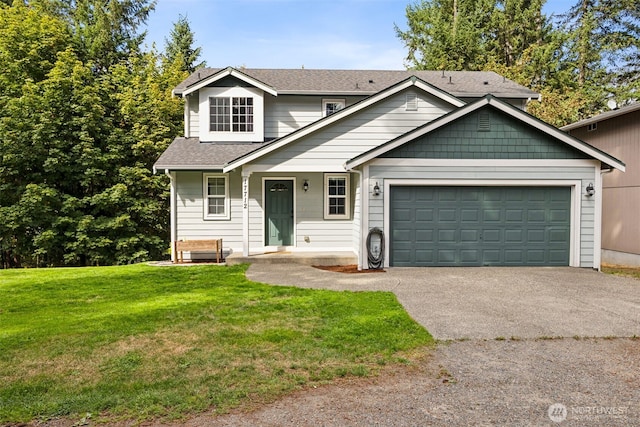 17712 E Clear Lake Blvd SE, Yelm, WA 98597 - traditional home with an attached garage, driveway, a shingled roof, and a front yard