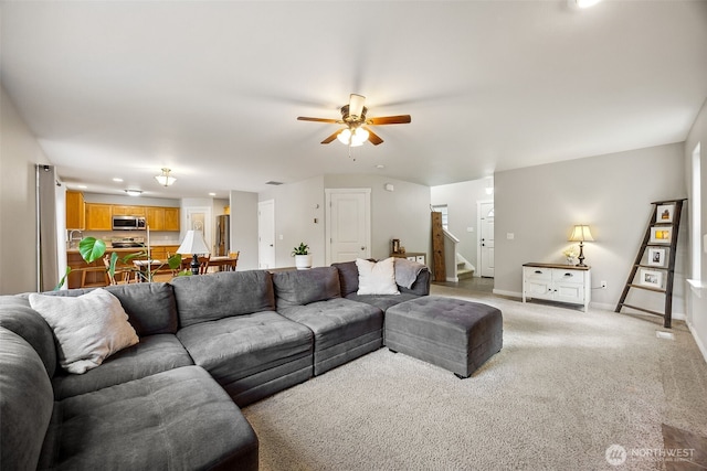 17712 E Clear Lake Blvd SE, Yelm, WA 98597 - living room with ceiling fan, stairs, light carpet, and recessed lighting