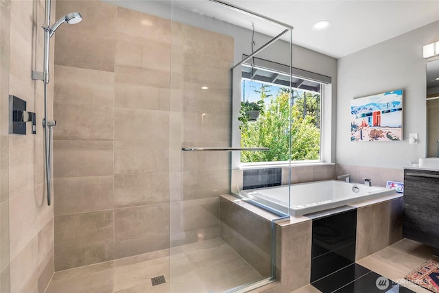 33025 Evergreen Ave SE, Black Diamond, WA 98010 - bathroom featuring a tile shower, a garden tub, and vanity