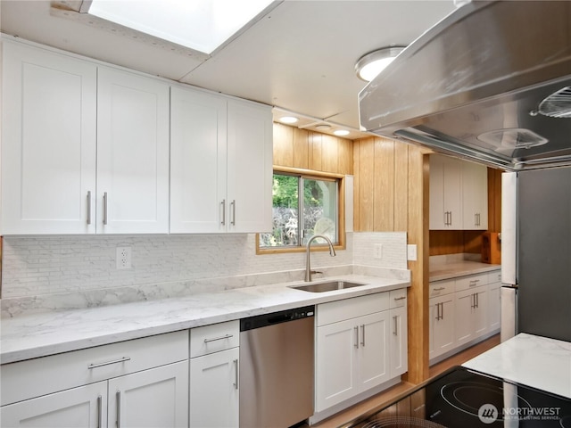 9128 184th Ave NE, Granite Falls, WA 98252 - kitchen featuring dishwasher, exhaust hood, white cabinets, tasteful backsplash, and light stone countertops