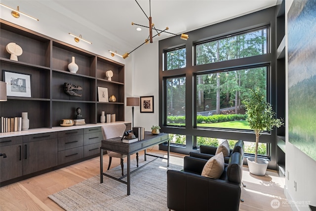 10230 SE 13th Pl, Bellevue, WA 98004 - office featuring healthy amount of natural light, light wood-type flooring, a towering ceiling, and a chandelier