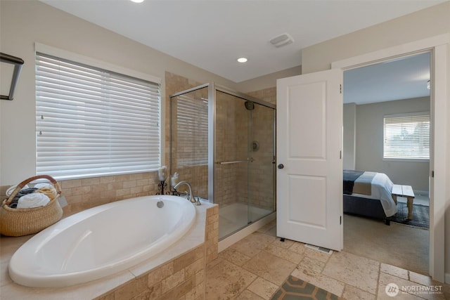 2504 NE 24th Pl, Renton, WA 98056 - full bathroom featuring a garden tub, a shower stall, recessed lighting, connected bathroom, and stone tile floors